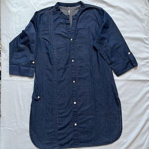 Denim Tunic / Long Shirt Womens 3/4 Sleeves Blue Cotton  Split V Neck Size XL